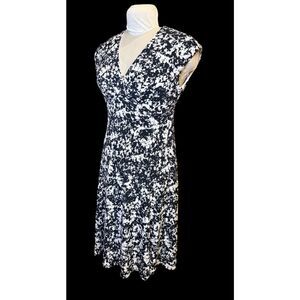 Kasper Black & White Geometric Print Faux Wrap Dress Sz. 10 Sleeveless